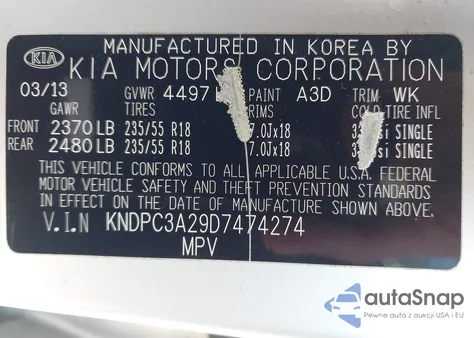 2013 Kia Sportage Ex z USA, uszkodzony, nr VIN KNDPC3A29D7474274